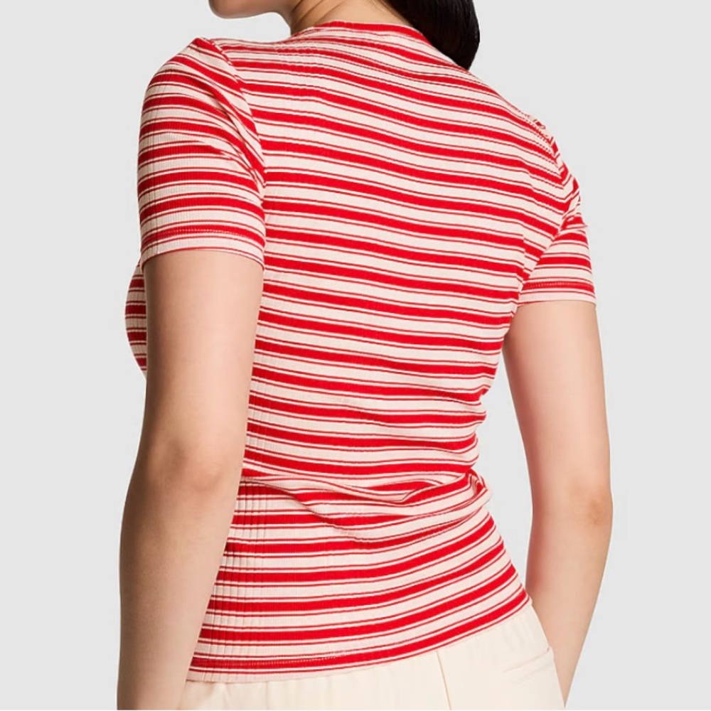 VICTORIA SECRET PINK Fitted rib-knit tee Red Pepper Stripe color size L NWT - Picture 7 of 11
